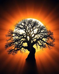 A geometric logo inspired by volumetric lighting, depicting a sunset behind an old oak tree with twisted branches. This desig