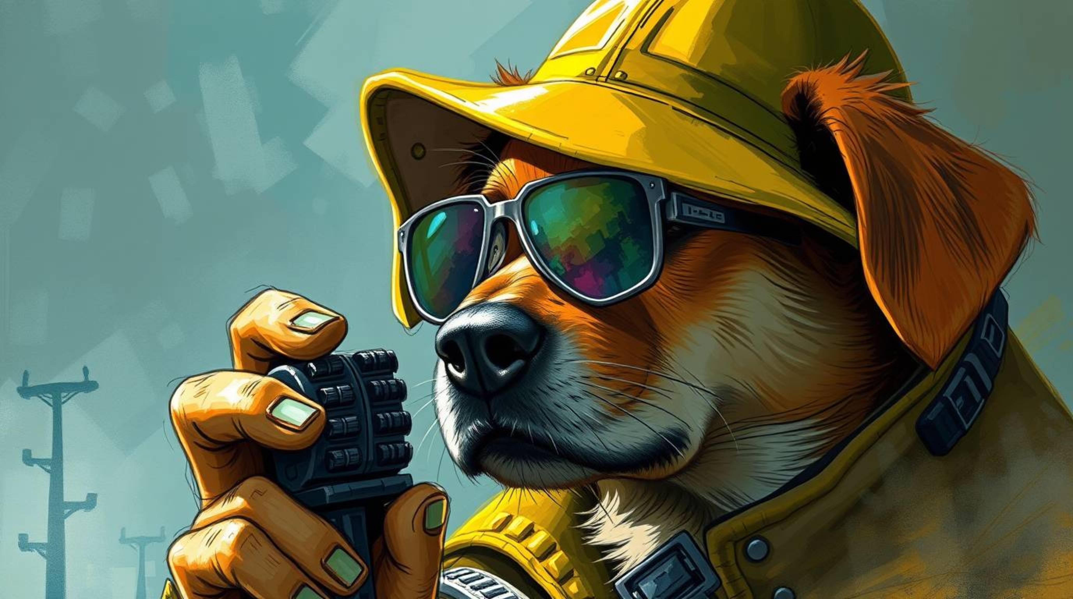 A captivating close-up reveals a canine detective utilizing advanced technology in a vibrant, fantastical setting.  The digit