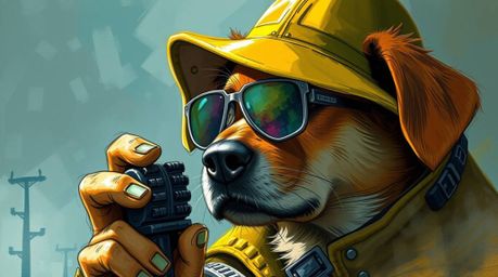 A captivating close-up reveals a canine detective utilizing advanced technology in a vibrant, fantastical setting.  The digit