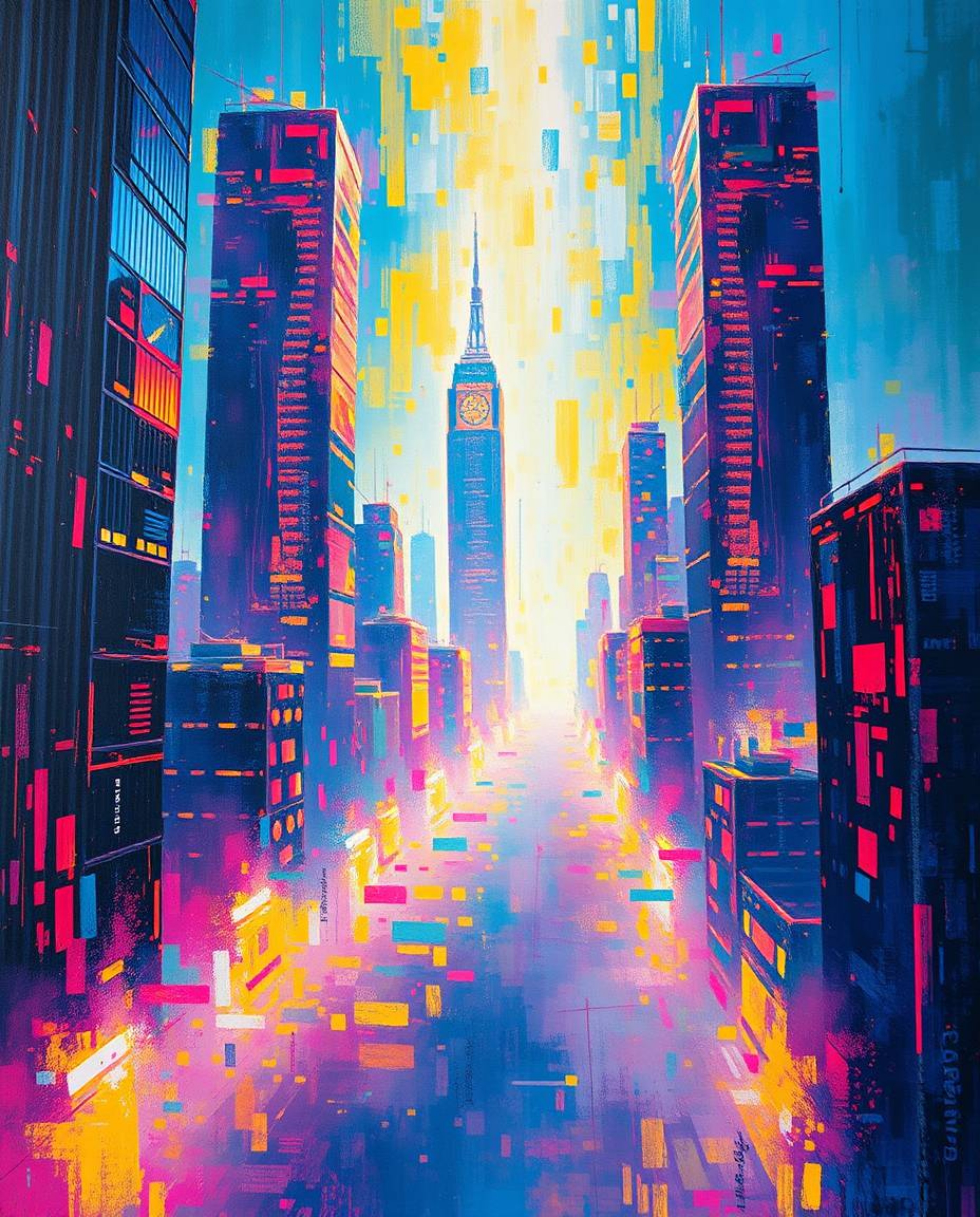 A striking acrylic painting depicts a glitchy digital landscape featuring distorted skyscrapers and static noise.  Volumetric