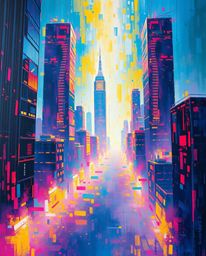A striking acrylic painting depicts a glitchy digital landscape featuring distorted skyscrapers and static noise.  Volumetric