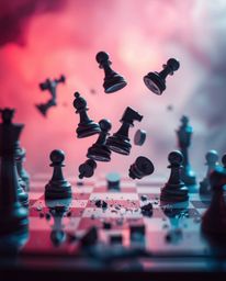 A chessboard frozen in a moment of mid-air destruction, captured with a dreamy and hazy atmosphere, soft lighting, and electr
