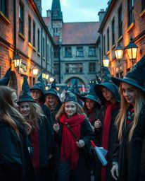 Capture the spontaneous magic of a wizarding school nestled within an urban landscape with candid street photography. This un