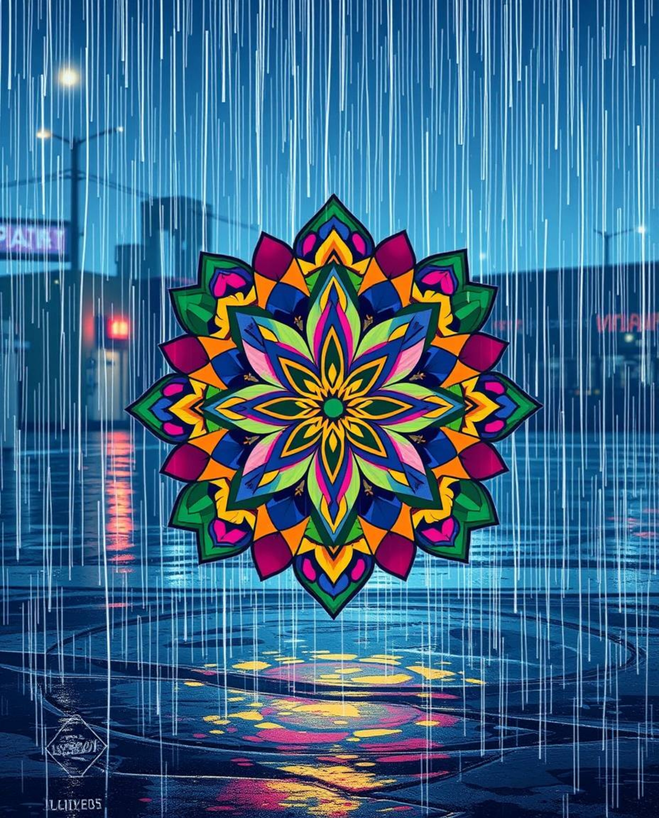 A captivating Isekai anime-style illustration showcases a geometric floral mandala bursting with vibrant colors.  The symmetr