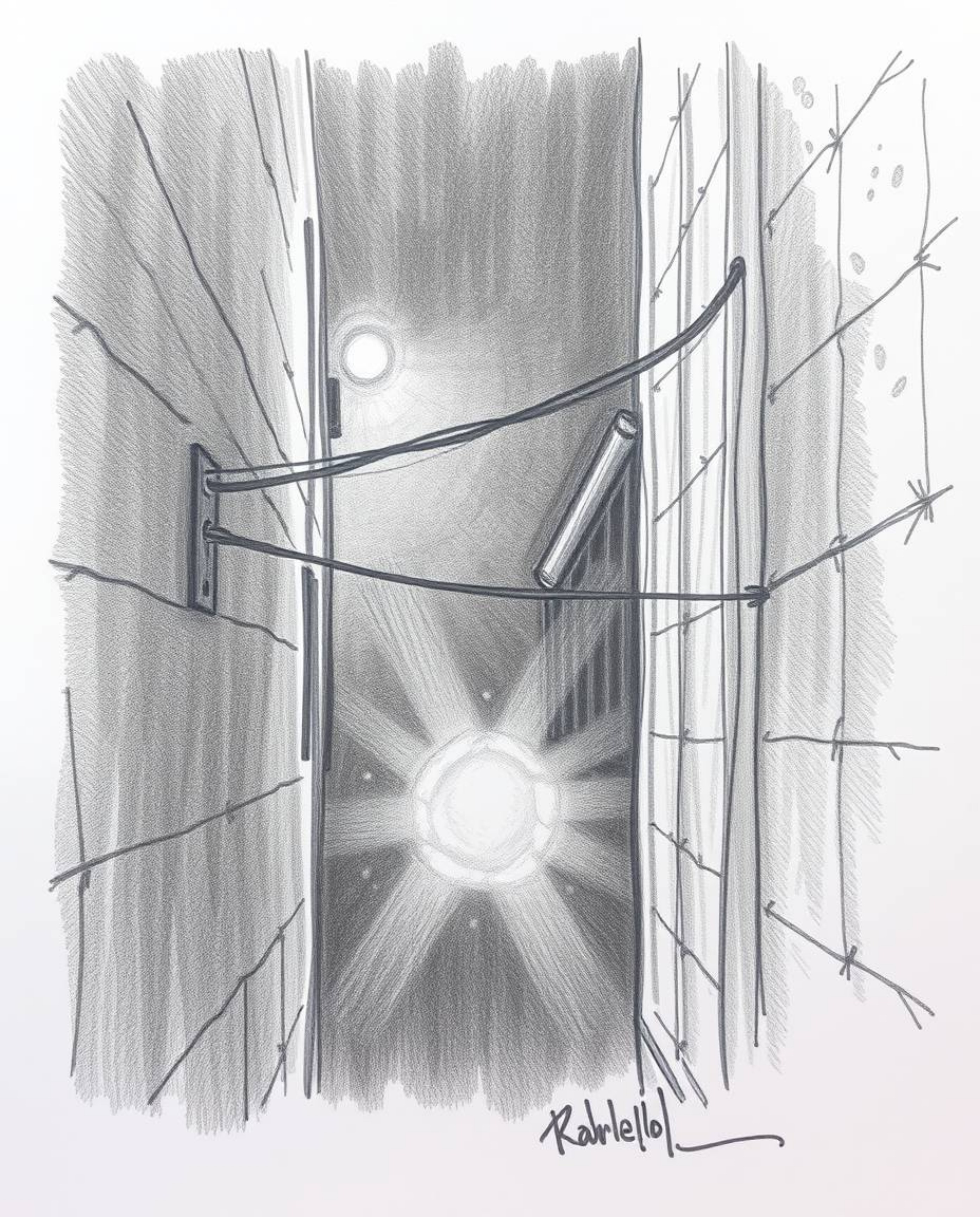 A captivating hand-drawn pencil sketch depicts eyes watching from the dark recesses of an alley at night.  Volumetric lightin