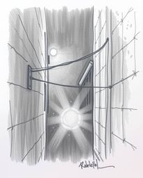 A captivating hand-drawn pencil sketch depicts eyes watching from the dark recesses of an alley at night.  Volumetric lightin