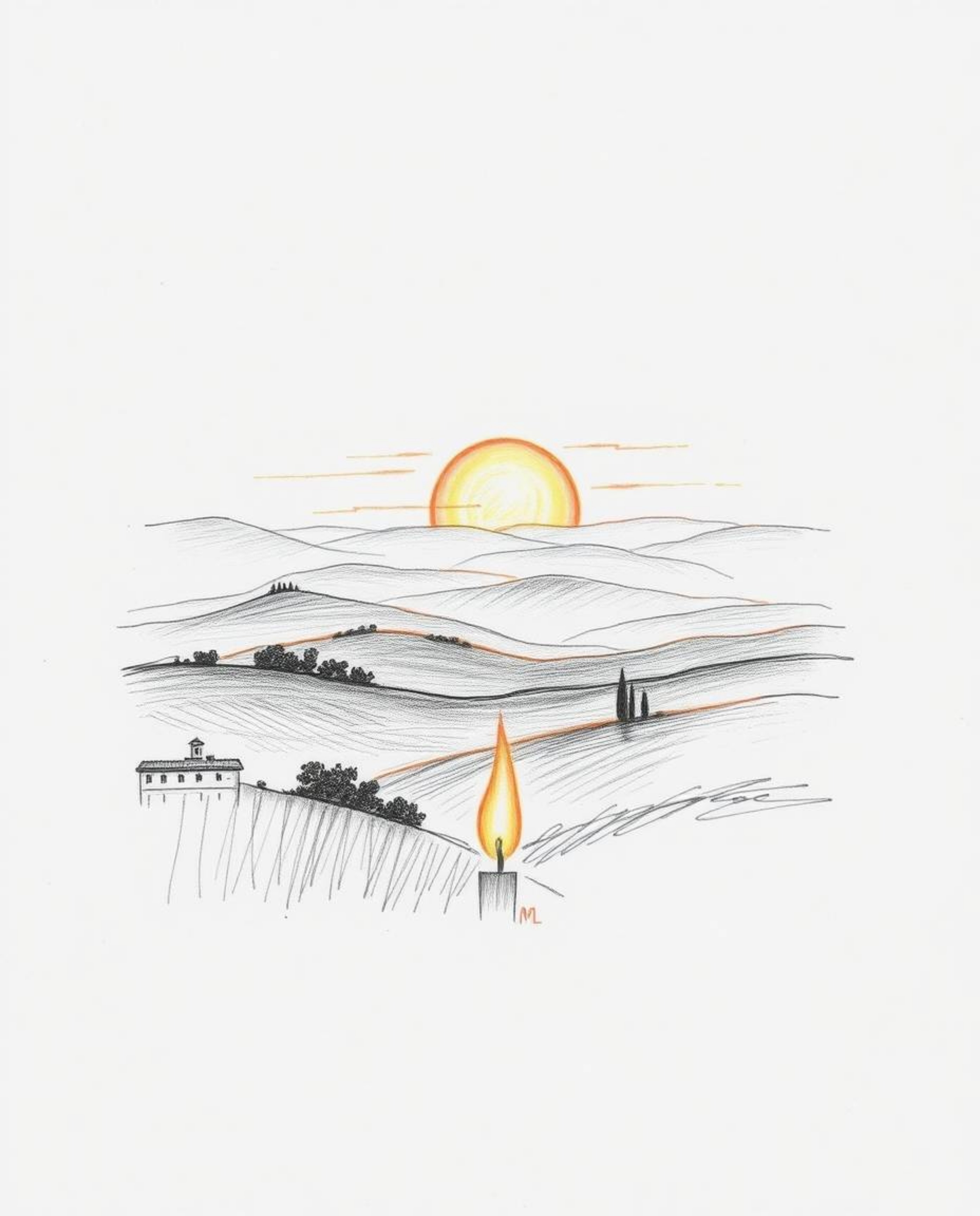 This is a hand-drawn sketch of a sunset over the misty, rolling hills of Tuscany, presented on a clean white background. The 