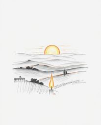 This is a hand-drawn sketch of a sunset over the misty, rolling hills of Tuscany, presented on a clean white background. The 