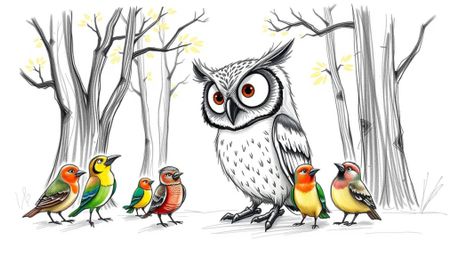 A captivating hand-drawn pencil sketch depicting a blind owl with expressive eyes, teaching a flock of colorful birds in a su