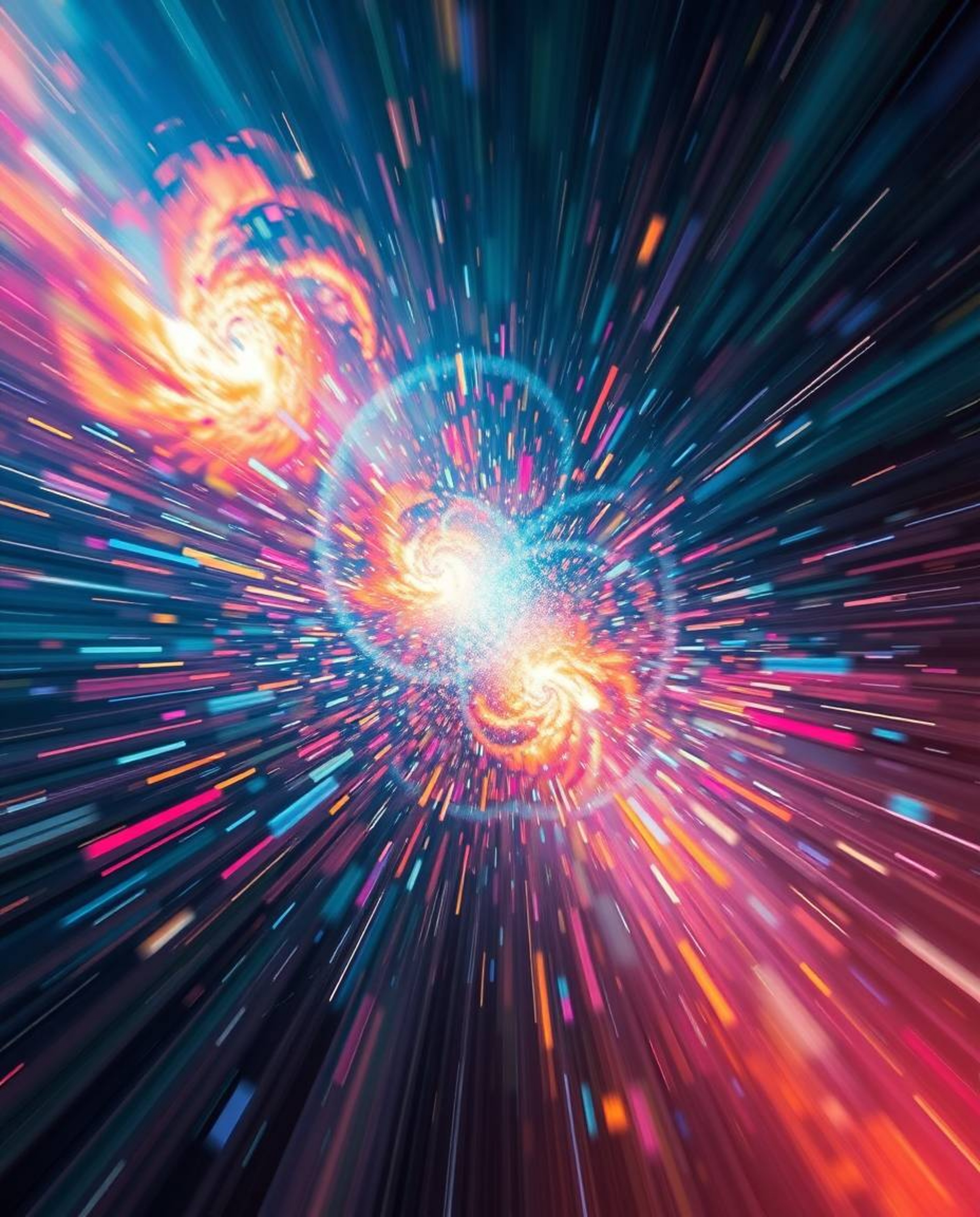 Witness a breathtaking cosmic event! This artwork depicts colliding galaxies in a vibrant explosion of light and color.  Dyna