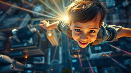 Experience a breathtaking bird's-eye view of a young boy soaring above London, bathed in electric vivid colors and bright len