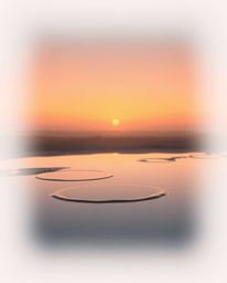 A modern flat design image depicts a sunset sky mirrored in tidal pools on a beach, enveloped in a soft cinematic haze. The a