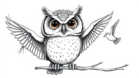 A heartwarming Pixar-style sketch depicts a gentle, blind owl teaching birds to fly. The hand-drawn aesthetic, characterized 