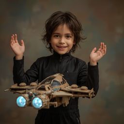 A stunning high-fashion photograph captures a boy with radiant skin and a contagious smile building a magnificent, intricatel