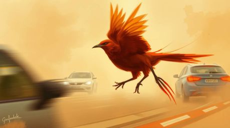 A dynamic digital sketch captures a fast-running bird blurring past traffic, rendered with loose painterly strokes and a warm