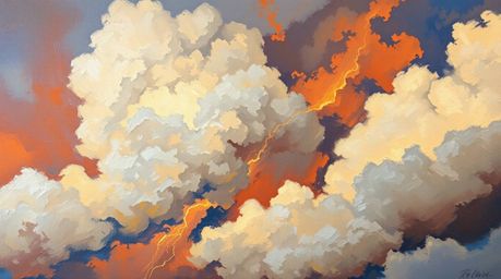 A captivating close-up oil painting depicts a dramatic thunderstorm illuminated by the vibrant hues of a setting sun.  The ar