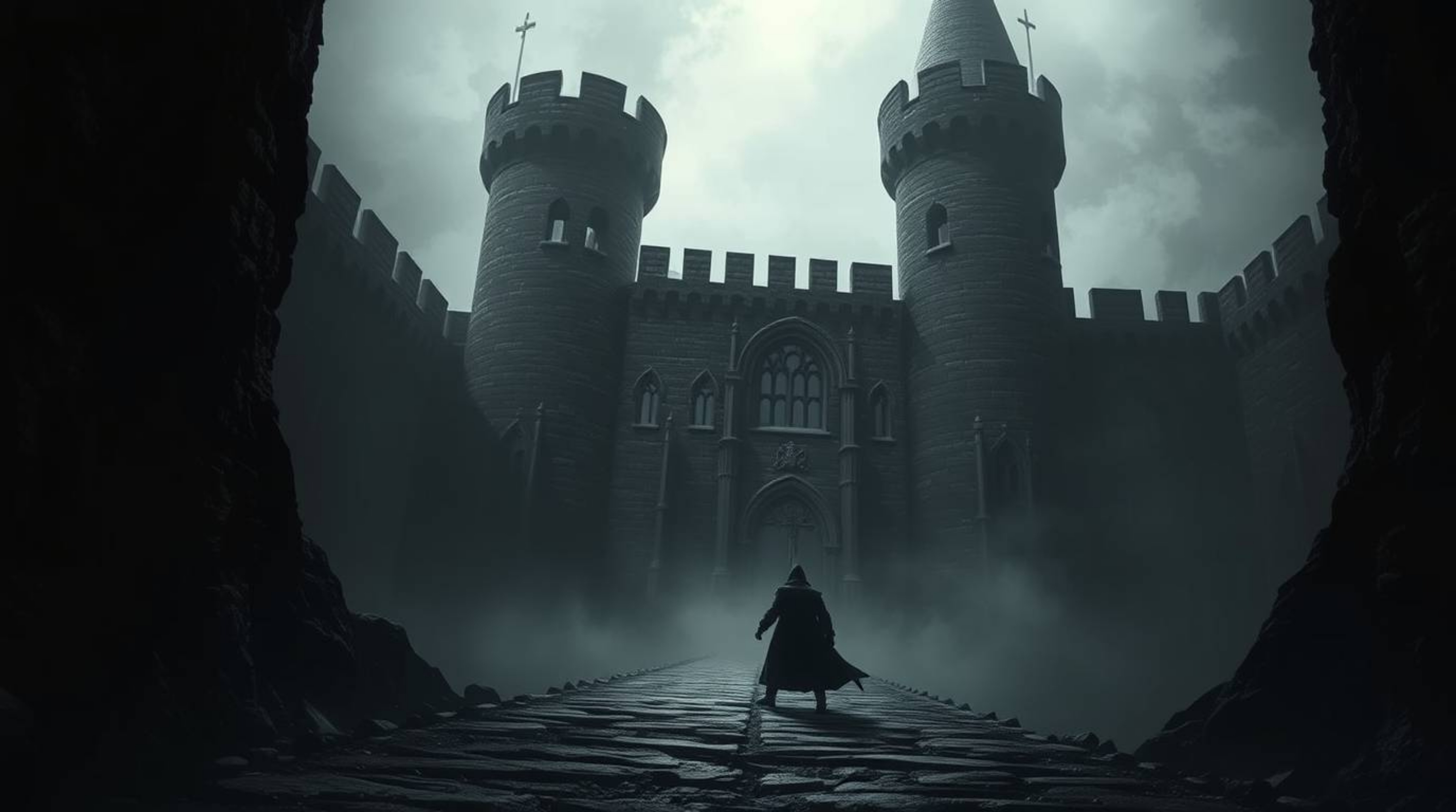 A thief stealthily infiltrates a heavily guarded castle, depicted in intense jet black with deep shadows and an ethereal aura