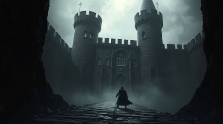A thief stealthily infiltrates a heavily guarded castle, depicted in intense jet black with deep shadows and an ethereal aura