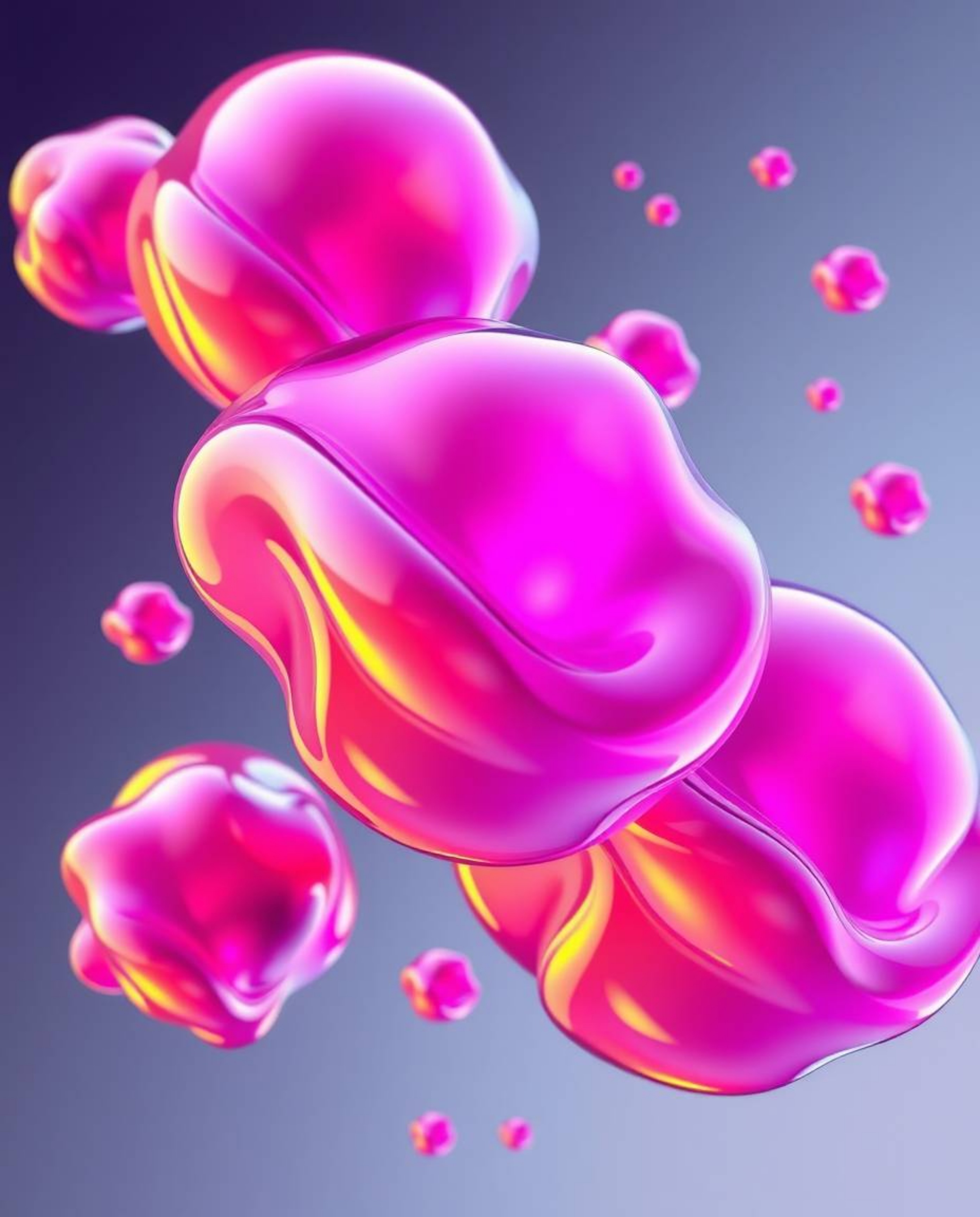 This illustration showcases gracefully elegant, floating 3D blobs of fluid jelly with vibrant, electric colors and refined fe
