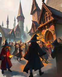 A dynamic digital sketch depicts a magical school brimming with young wizards.  Created with loose painterly strokes, rich te