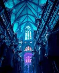 Discover a breathtaking low-angle view of a magical school brimming with young wizards.  Cool blues, greens, and purples crea