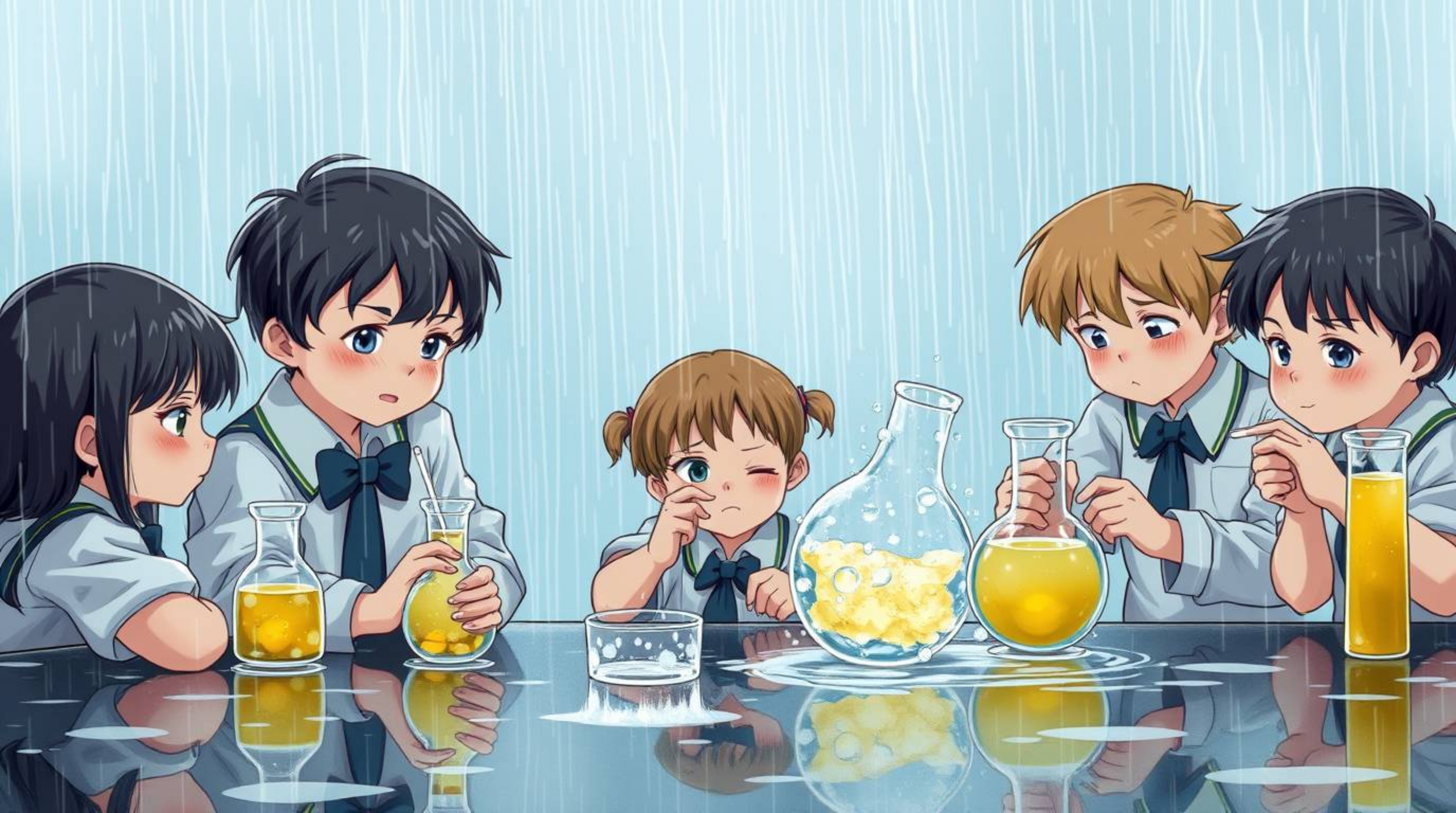 A captivating scene unfolds: a group of quirky children, dressed in school uniforms, conduct science experiments amidst a gen