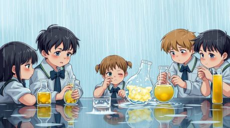 A captivating scene unfolds: a group of quirky children, dressed in school uniforms, conduct science experiments amidst a gen