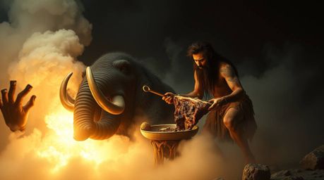 Explore a dreamlike and surreal scene depicting a caveman skillfully cooking mammoth meat in a strong, moody style. This fant