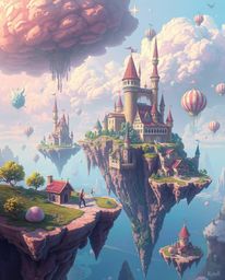 Explore a vibrant and surreal digital painting showcasing a colorful kingdom with floating islands and majestic castles. Thi