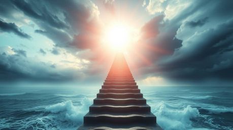 A breathtaking digital artwork depicting a dreamlike and ethereal scene. A dramatic staircase rises from the ocean depths, as
