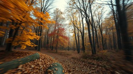 A captivating cinematic artwork depicts a thrilling chase through a looping forest backdrop.  Warm autumnal hues create a coz