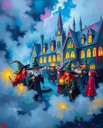 Immerse yourself in a magical school brimming with young wizards, captured in a bold acrylic painting style. Experience the v