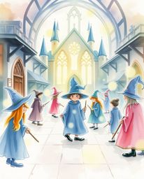 A delicate watercolor painting depicts a magical school bustling with young wizards. Translucent washes and fluid brushstroke