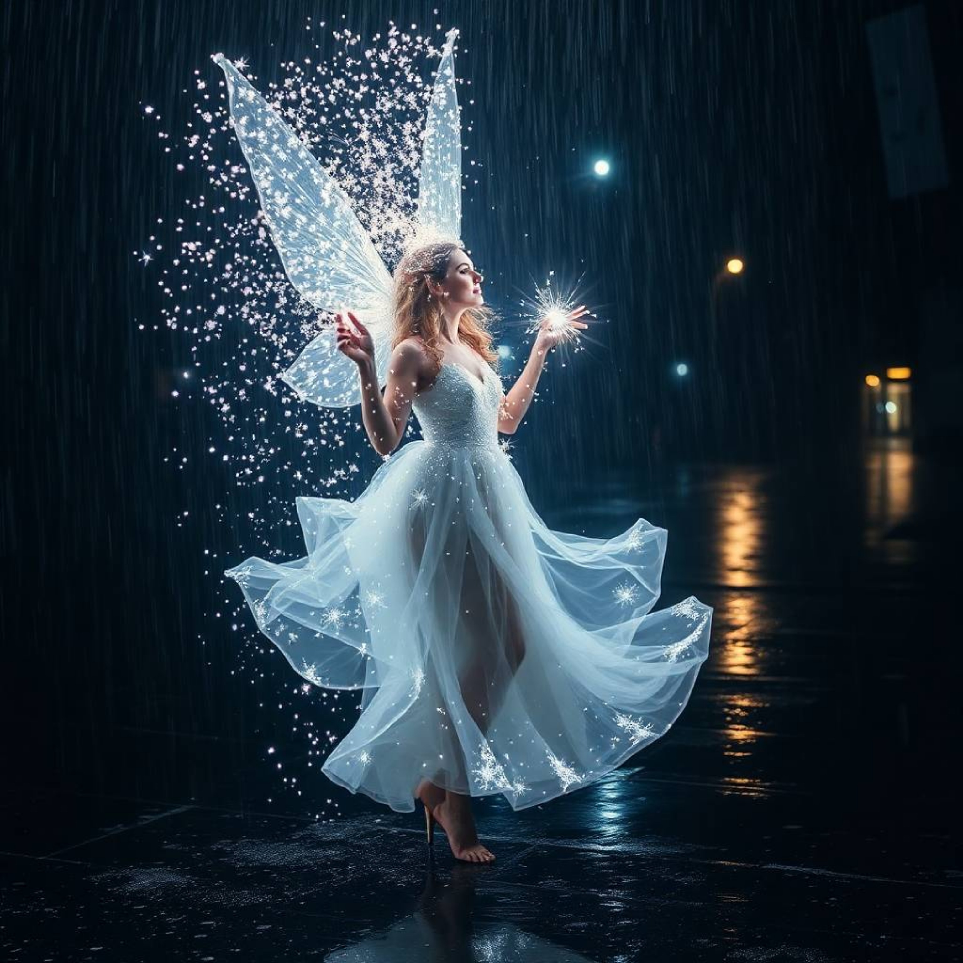 Capture the enchanting essence of a fairy godmother emerging from a swirl of sparkles in a long exposure photograph. The ima