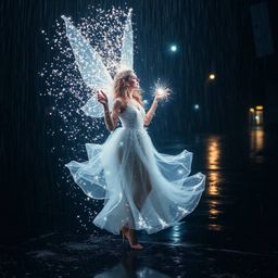 Capture the enchanting essence of a fairy godmother emerging from a swirl of sparkles in a long exposure photograph. The ima