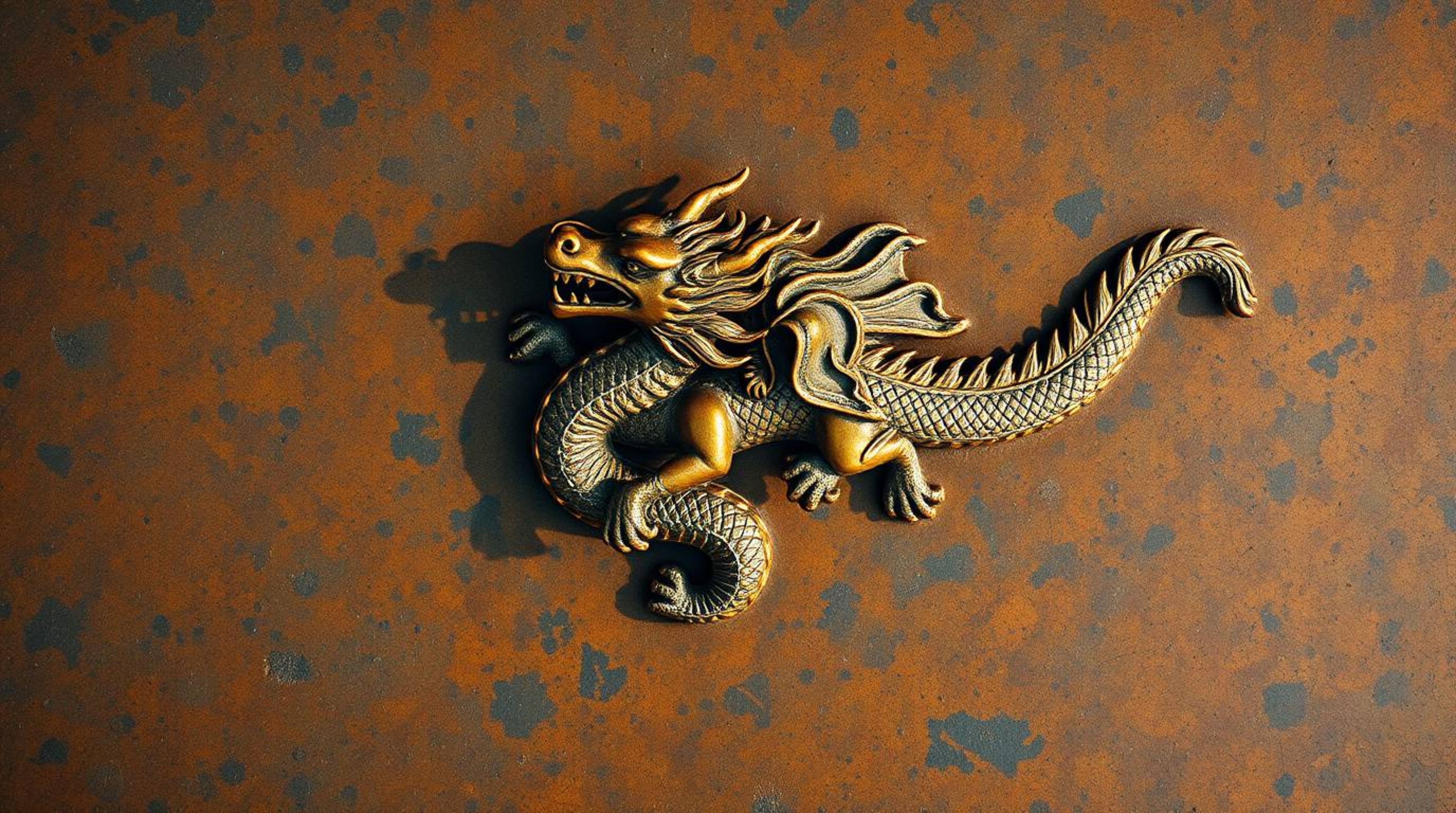 This captivating image showcases a dragon and rider from a unique overhead bird's-eye perspective. The cast bronze surface, f