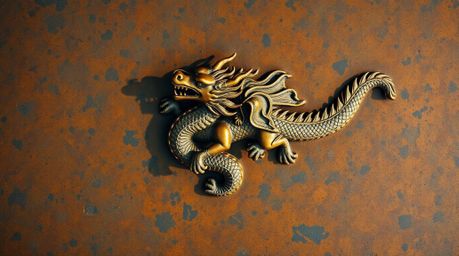 This captivating image showcases a dragon and rider from a unique overhead bird's-eye perspective. The cast bronze surface, f