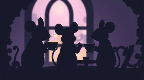 Charming silhouetted anthropomorphic mice enjoy a delightful tea party in a cozy cottage. The backlighting creates a cute and