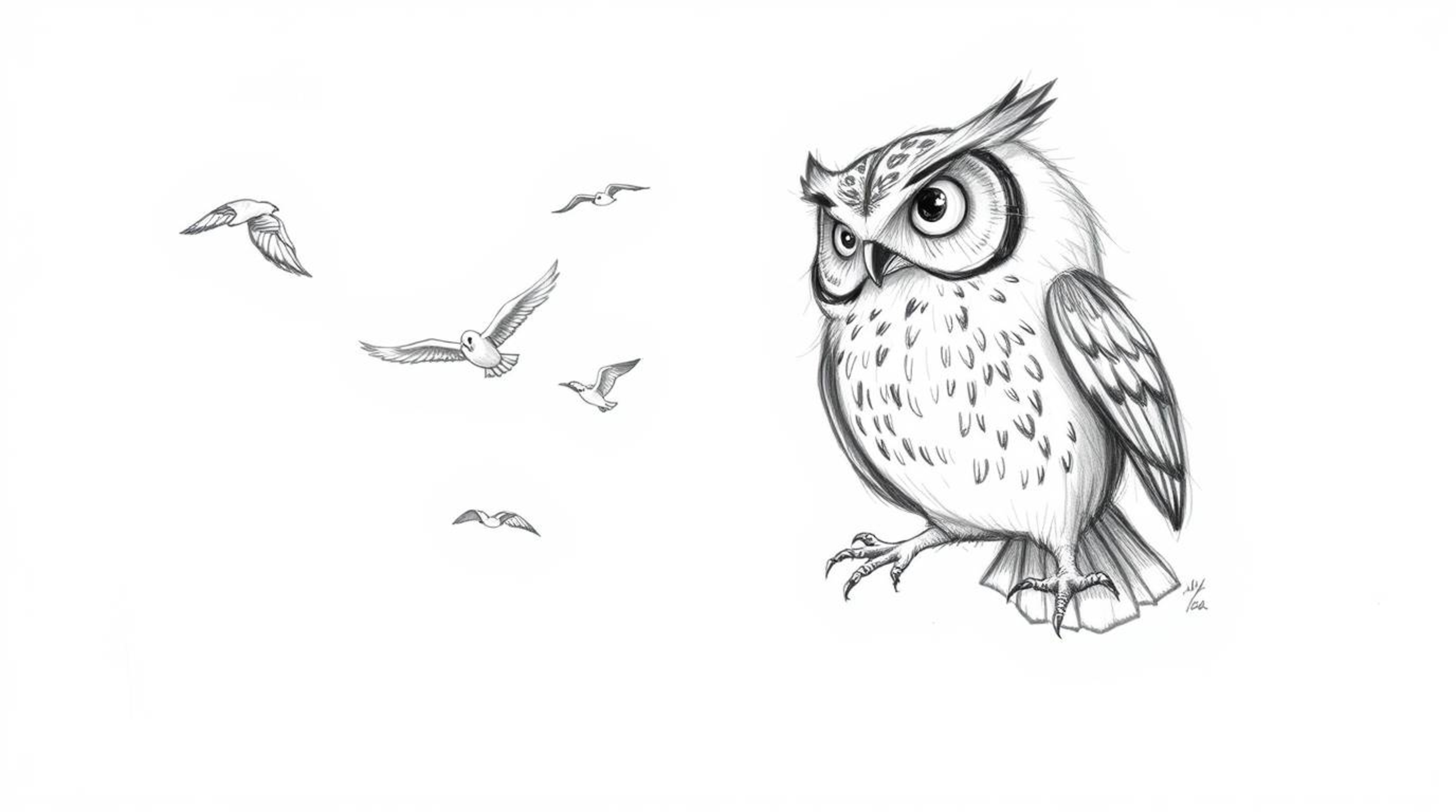 A charming hand-drawn sketch in the style of Pixar depicts a blind owl, mid-air and sketching, teaching birds to fly.  Soft p