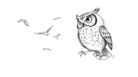 A charming hand-drawn sketch in the style of Pixar depicts a blind owl, mid-air and sketching, teaching birds to fly.  Soft p