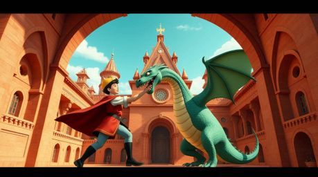A captivating architectural photograph showcasing a charming prince locked in a battle with a fearsome dragon, rendered in a 
