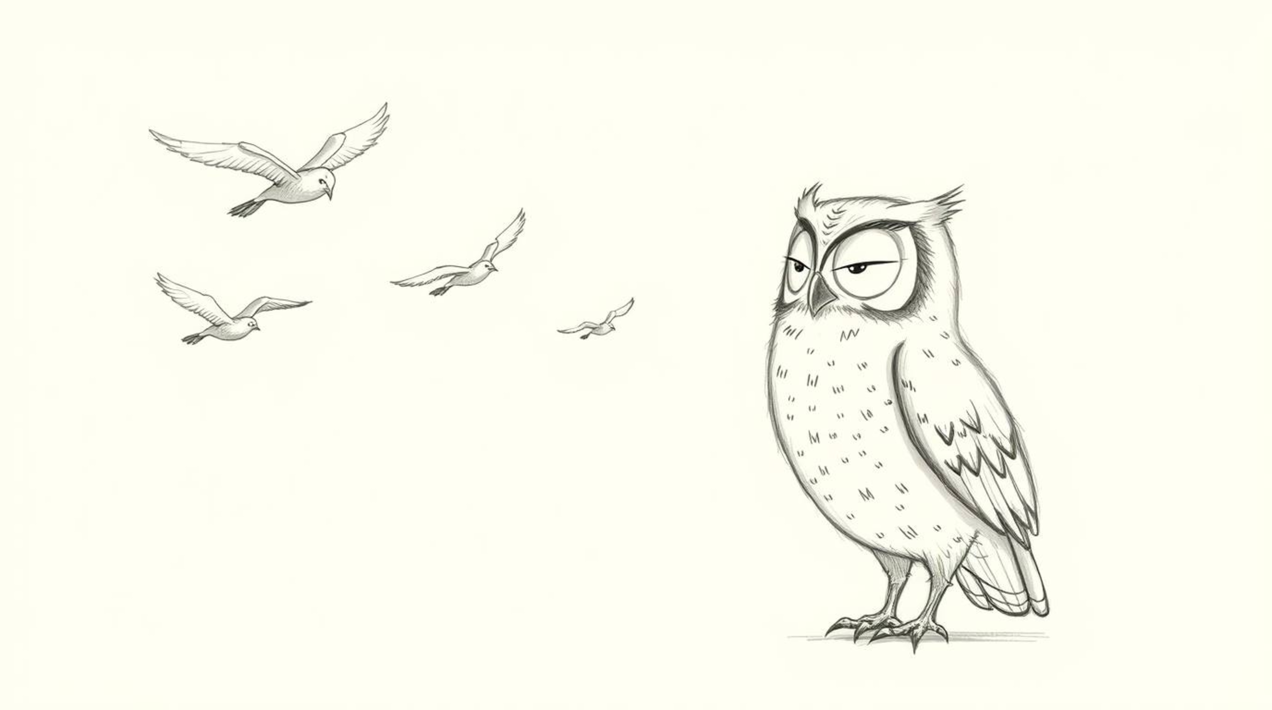 A charming, hand-drawn pencil sketch reminiscent of Pixar animation showcases a blind owl with a serene expression, imparting