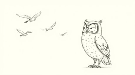 A charming, hand-drawn pencil sketch reminiscent of Pixar animation showcases a blind owl with a serene expression, imparting