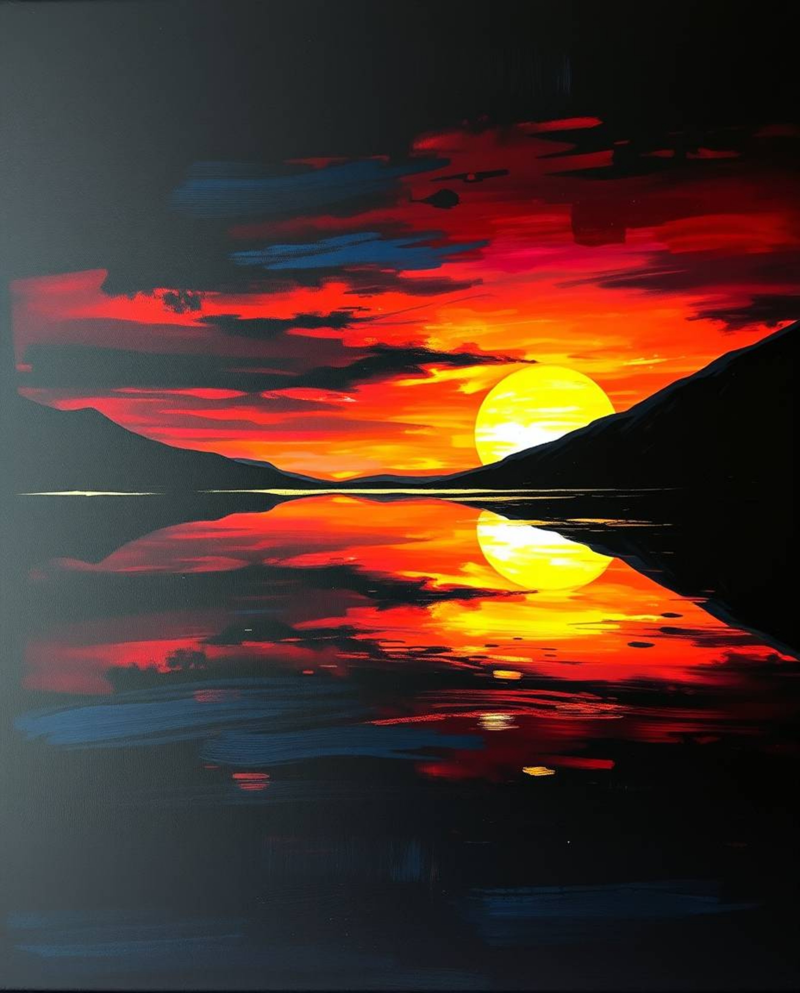 A bold acrylic painting featuring a sunset's reflection in a glassy fjord, set against an intense jet black background. This 