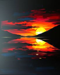 A bold acrylic painting featuring a sunset's reflection in a glassy fjord, set against an intense jet black background. This 