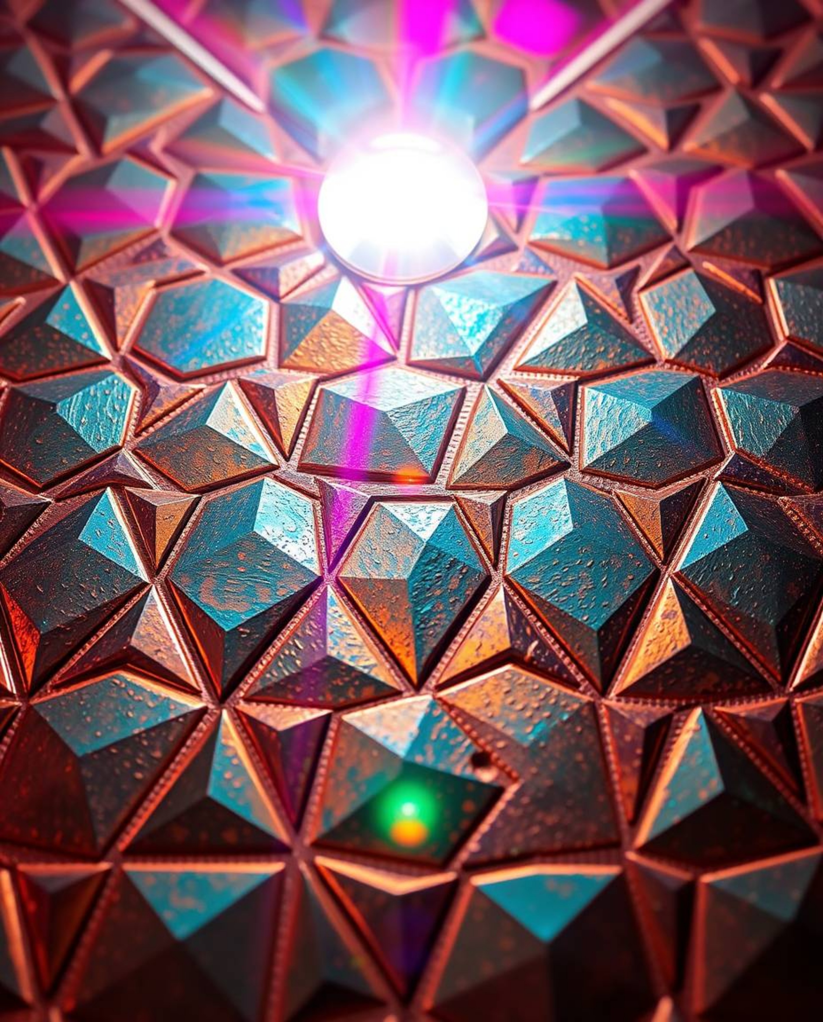 A striking bronze surface is brought to life with a seamless geometric pattern of hexagons and triangles, all illuminated by 