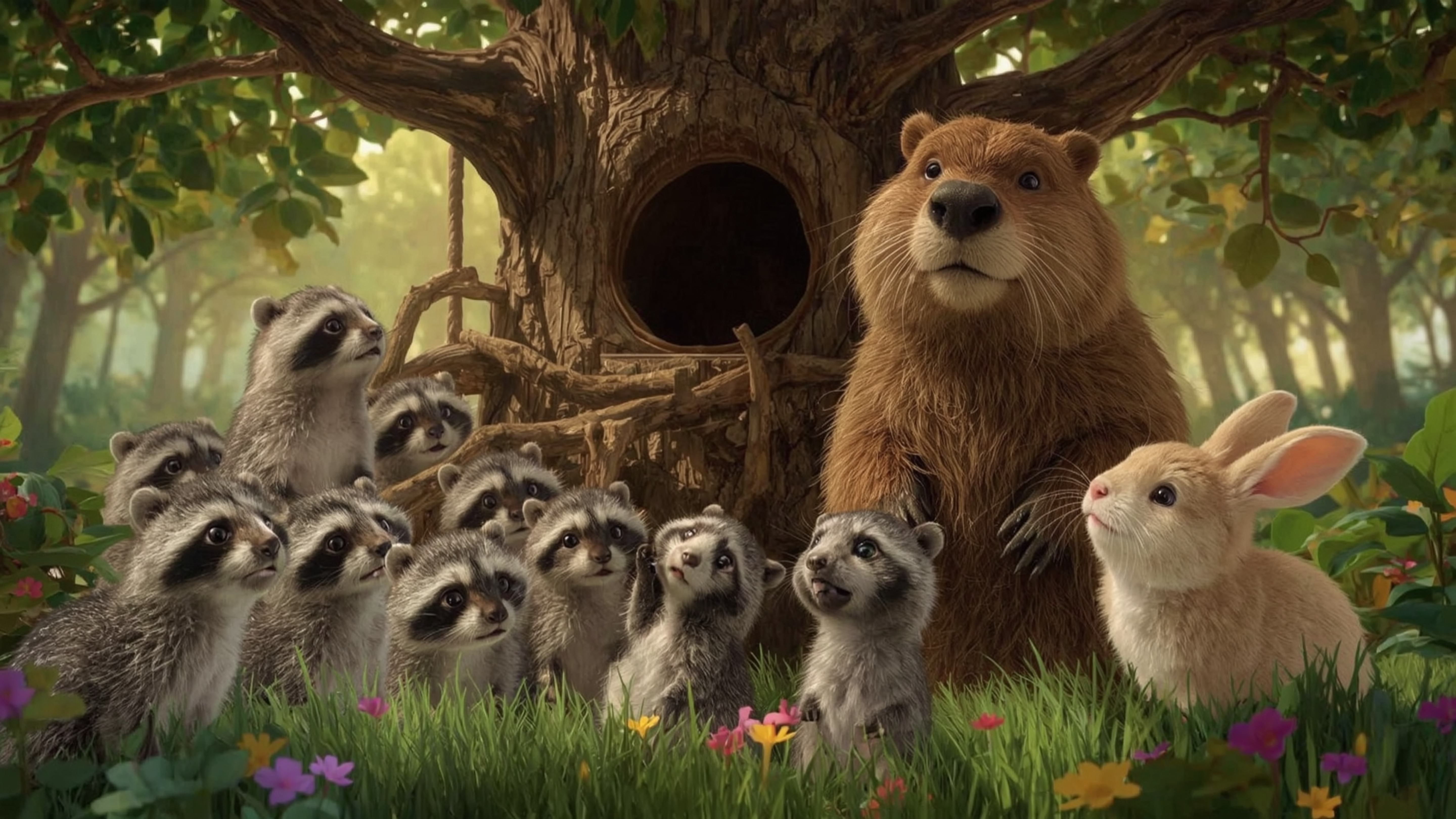 A high-resolution, commercially-oriented stock photograph depicting a diligent beaver constructing an idyllic treehouse, à la