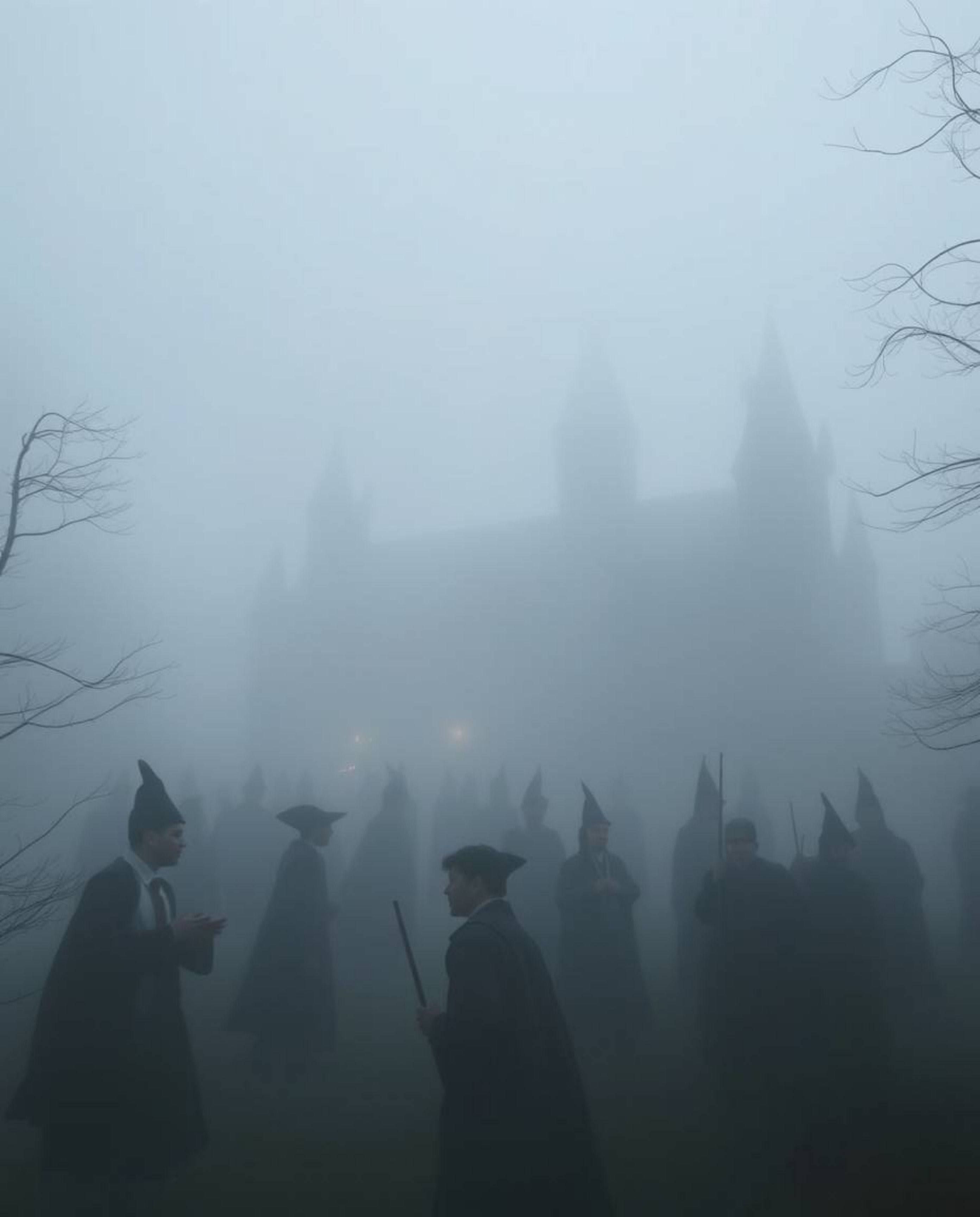 Immerse yourself in a magical school shrouded in thick fog, where young wizards learn their craft amidst obscured details and