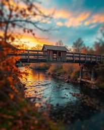 This dreamlike photograph captures an old wooden bridge over a river at sunset, rendered in warm autumn colors. The image ski