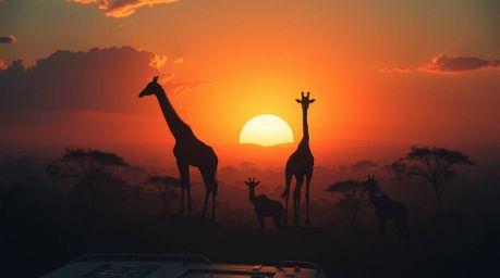 Experience a breathtaking high-angle view of a futuristic savanna sunset. Silhouetted giraffes stand against a vibrant sky fi